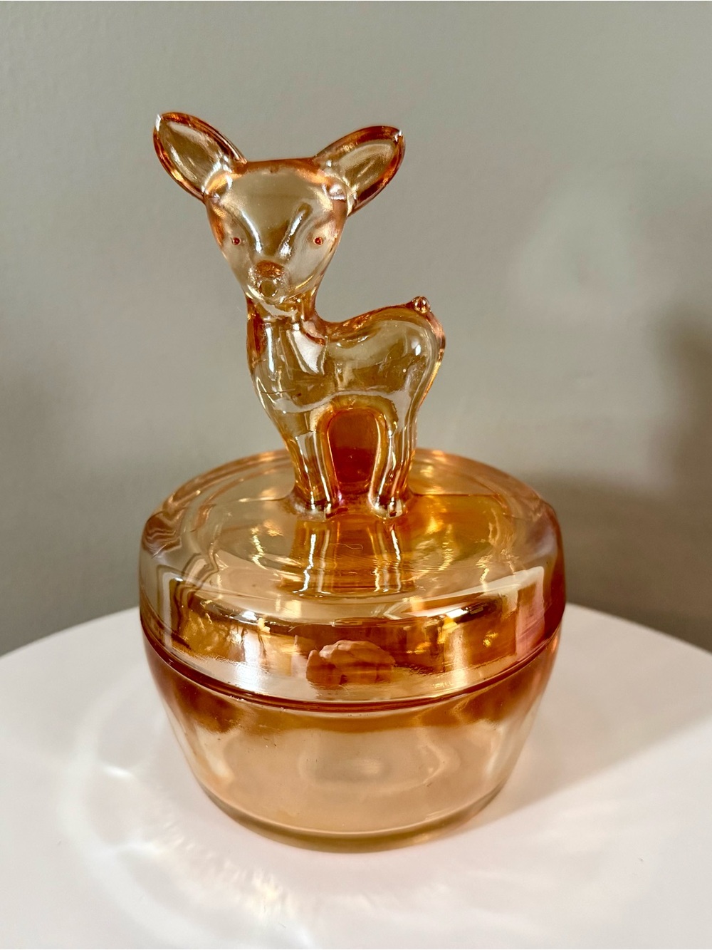 Vintage Jeanette Carnival Glass Marigold Iridescent Deer Powder Jar Trinket Dish